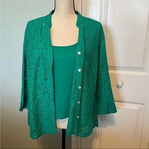 Valerie Stevens Woman‎ SZ 2X Two-Piece Blouse Tank Top Shell Green Button Front